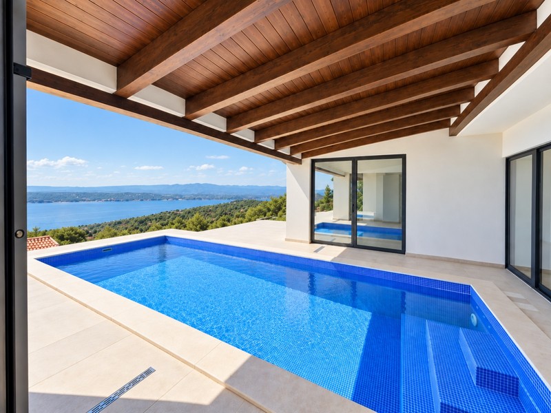 Teilweise überdachter Pool mit Blick auf das Meer