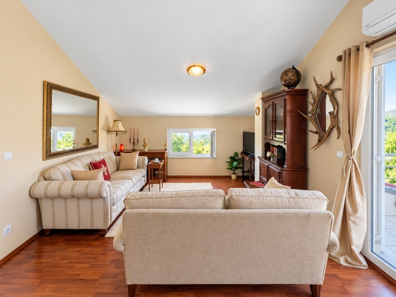 Heller Wohnraum mit Sofas und Holzboden