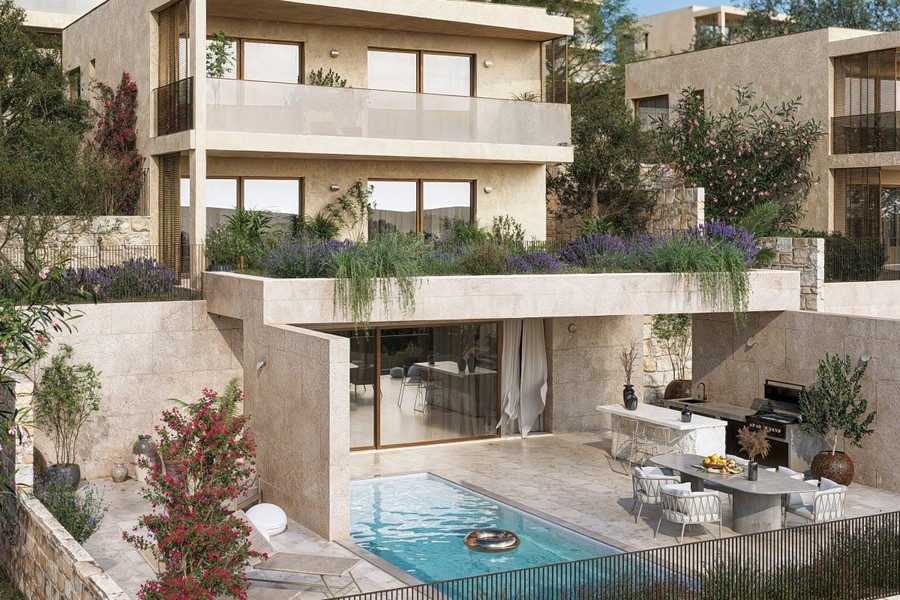 Poolterrasse mit Außenküche von oben