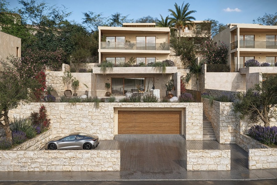 Ansicht der Villa mit Garage und Zufahrt