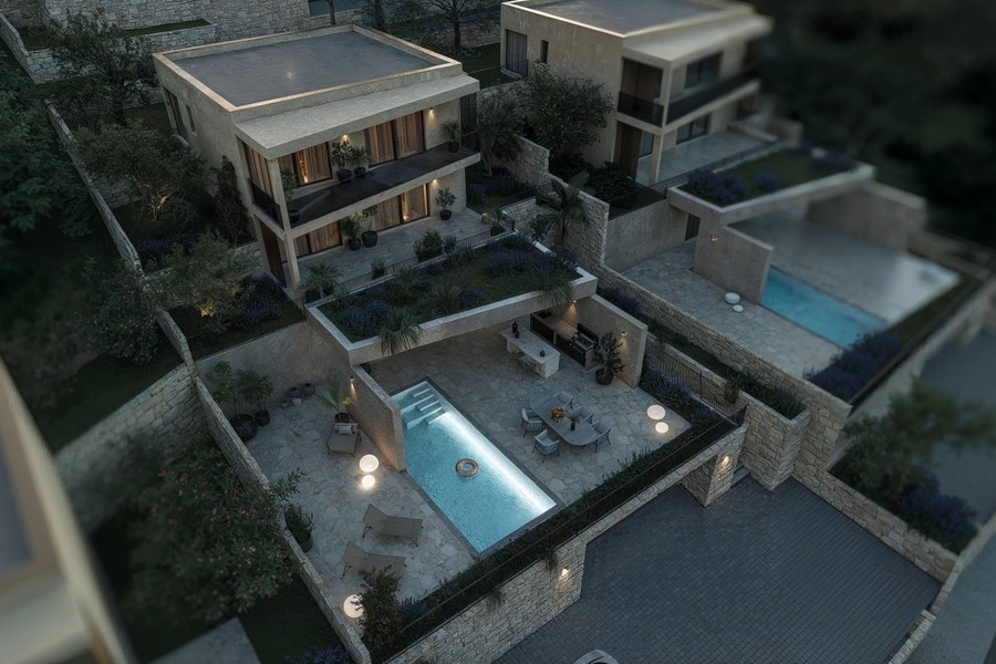 Luftansicht der Villa mit Pool