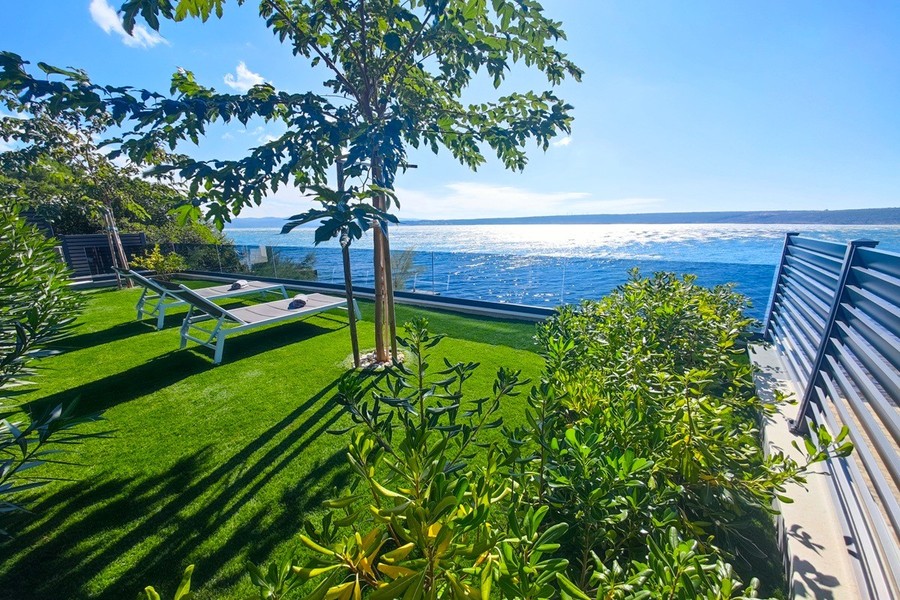 Rasenterrasse mit Baum und Meerblick