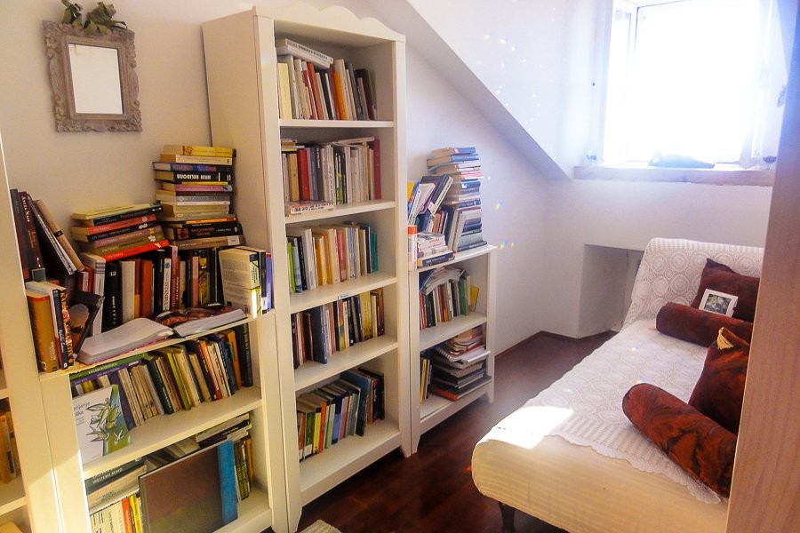 Bibliothek mit Bücherregalen und Liege