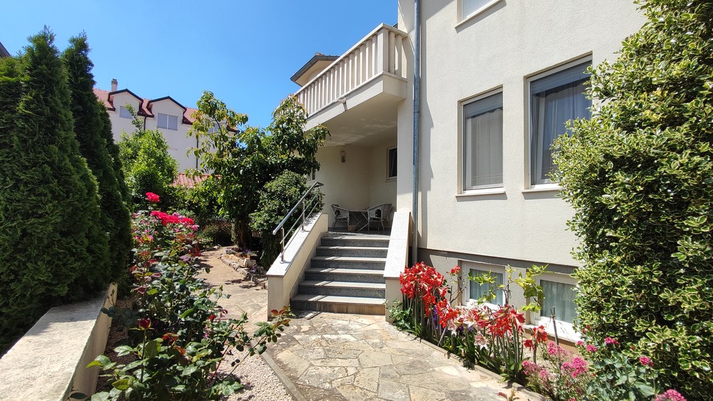 Seiteneingang mit Treppe und Rosen