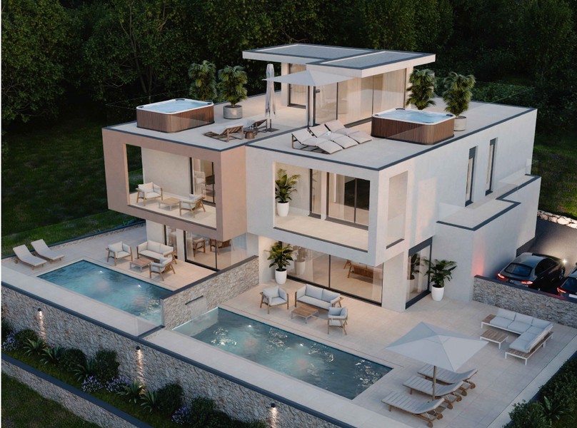 Ansicht von oben mit Pools und Dachterrassen