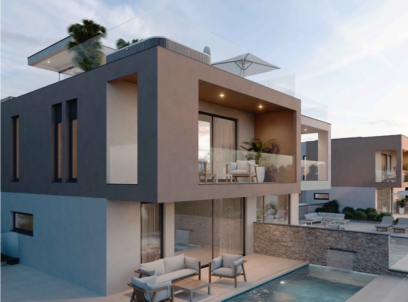 Haus mit überdachter Terrasse und Glasgeländer