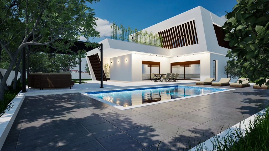 Visualisierung der Villa mit Swimmingpool und Poolterrasse