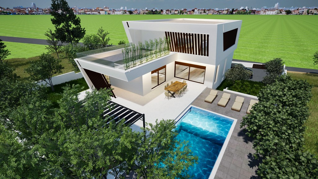 Pool, Sonnenliegen und überdachte Terrasse