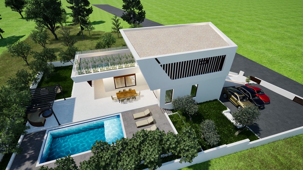 Villa mit Pool und Zufahrt aus der Vogelperspektive