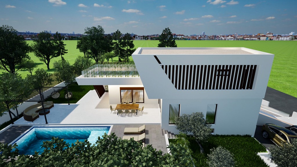 Pool vor dem Wohnbereich mit großen Glasflächen