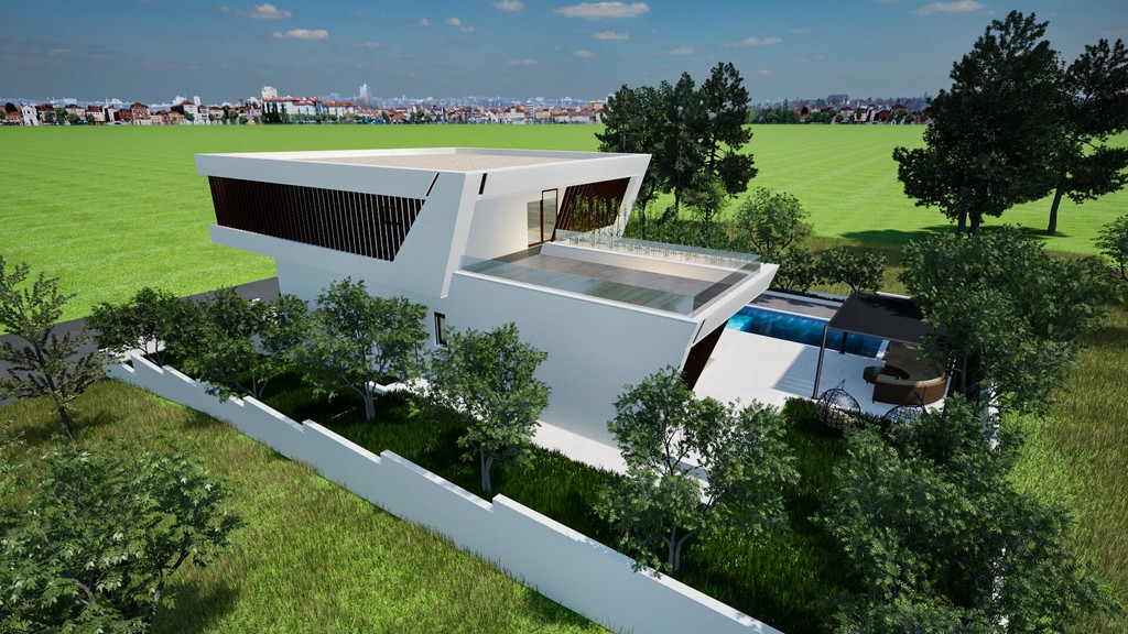 Seitenansicht der Villa mit Pool und Garten