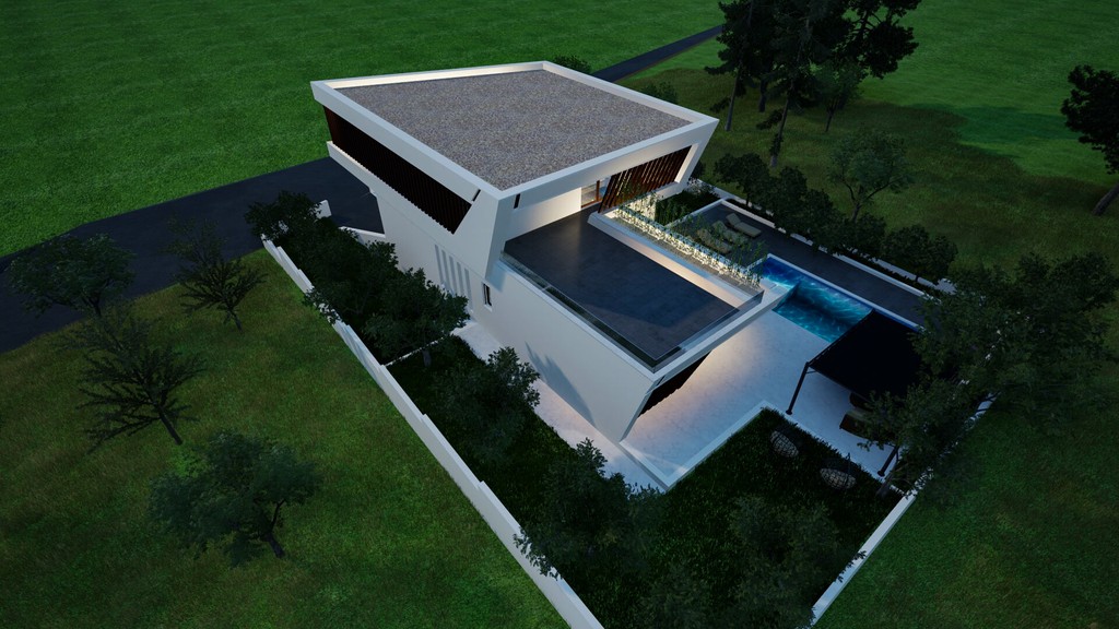 Villa mit Terrassen und Garten von oben gesehen