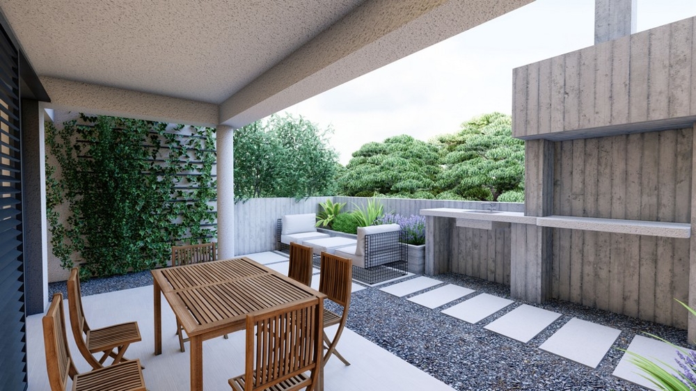 Gemütliche Terrasse einer Immobilie in Kroatien mit Holzmöbeln und begrünter Wand.