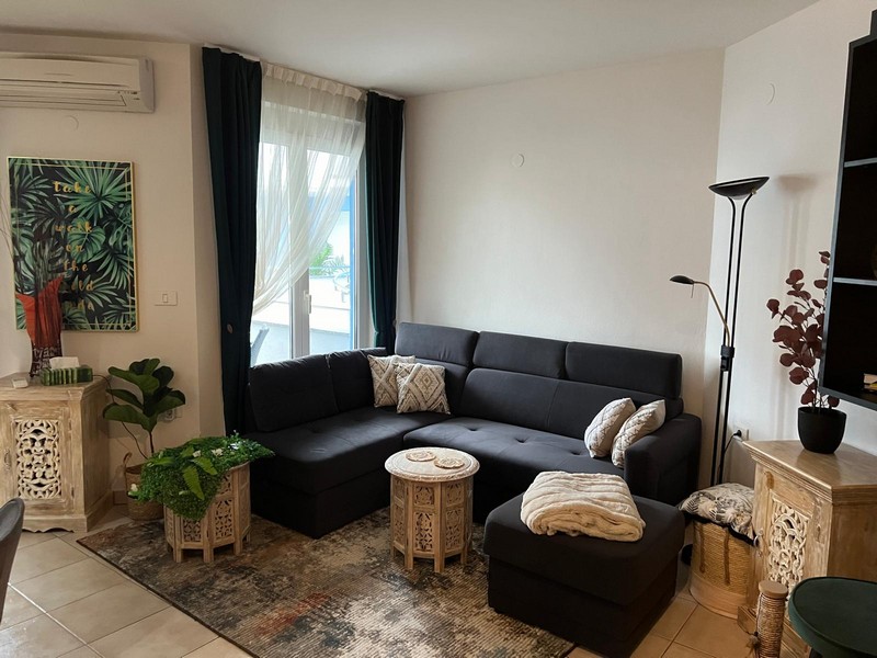 Dunkles Ecksofa mit Teppich vor Fenster im Wohnzimmer