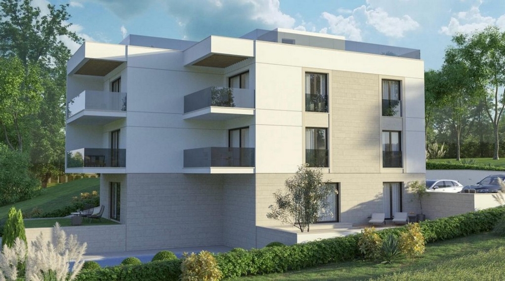 Moderne Architektur eines Neubau Appartements mit Meerblick in Okrug Gornji, umgeben von üppiger Landschaft