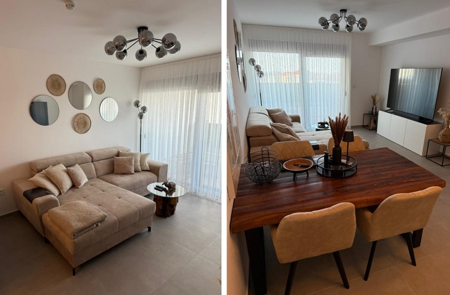 Collage von Wohnzimmer und Essbereich.