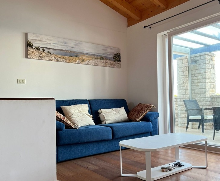 Wohnzimmer mit Sofa und Zugang zur überdachten Terrasse