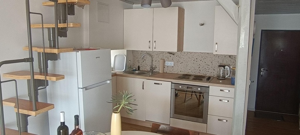 Küche mit Einbaugeräten und offenem Grundriss