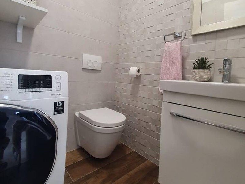 Separate Toilette mit Waschmaschine und Waschtisch