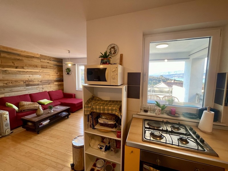 Offene Küche mit Einbaugeräten und Fenster mit Ausblick