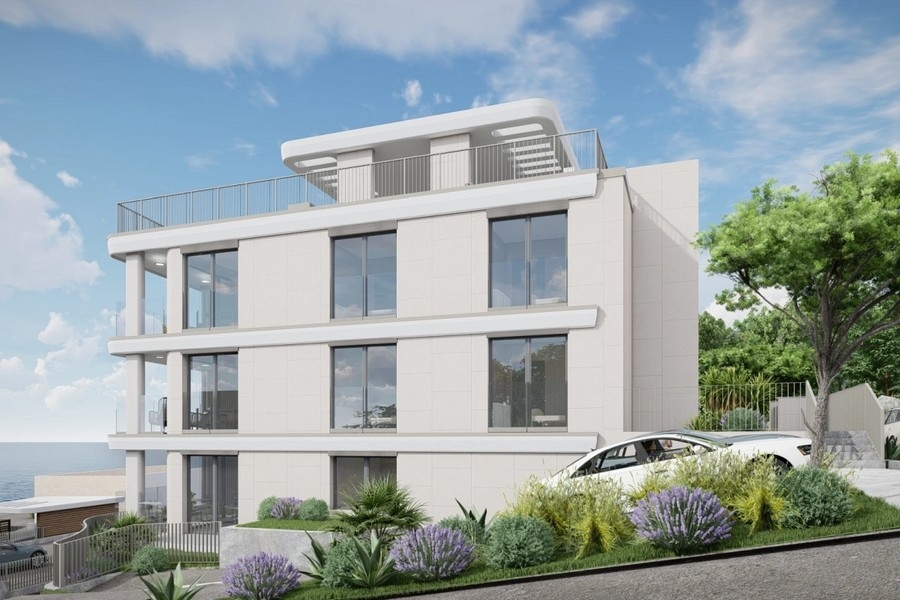 Neubauimmobilie mit Dachterrasse und mediterraner Bepflanzung