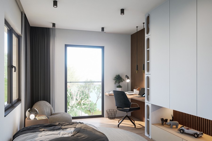 Helles Schlafzimmer mit modernem Interieur