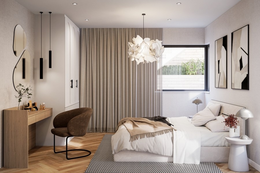 Modern gestaltetes Schlafzimmer mit stilvollem Interieur