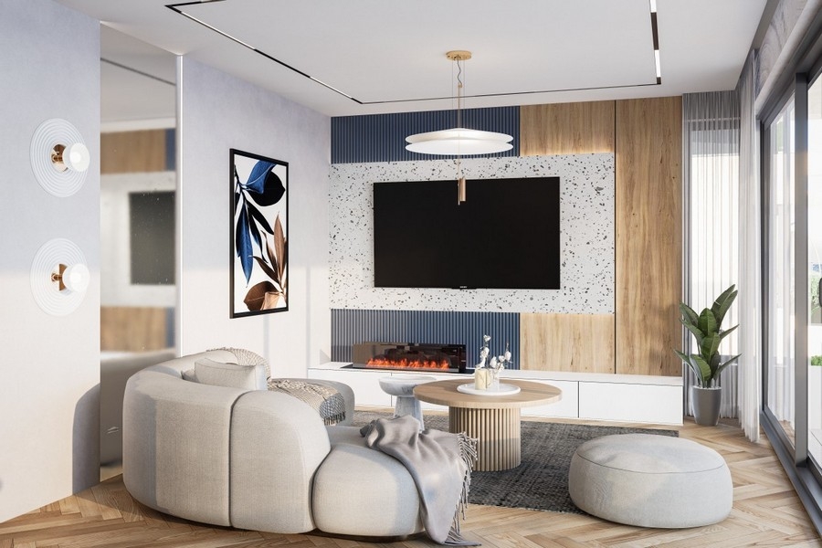Modernes Wohnzimmer mit Kamin und Designausstattung