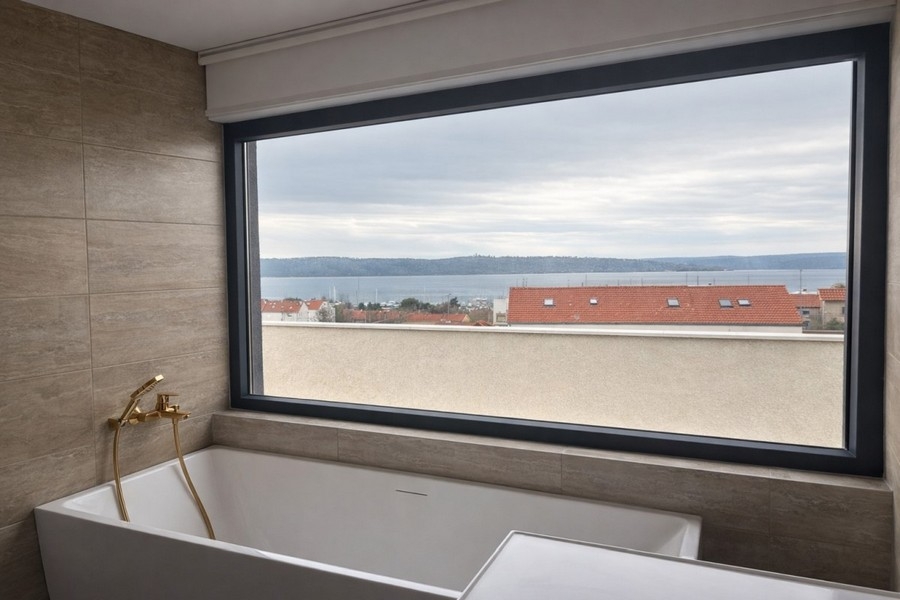 Badezimmer mit Badewanne und Meerblick