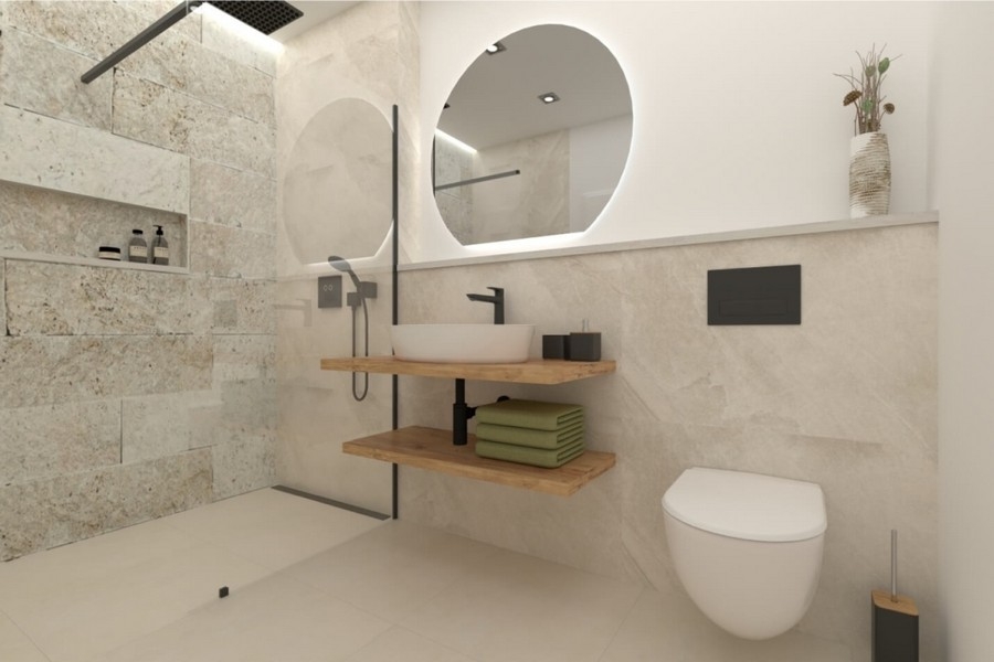 Stilvolles Badezimmer mit bodengleicher Dusche