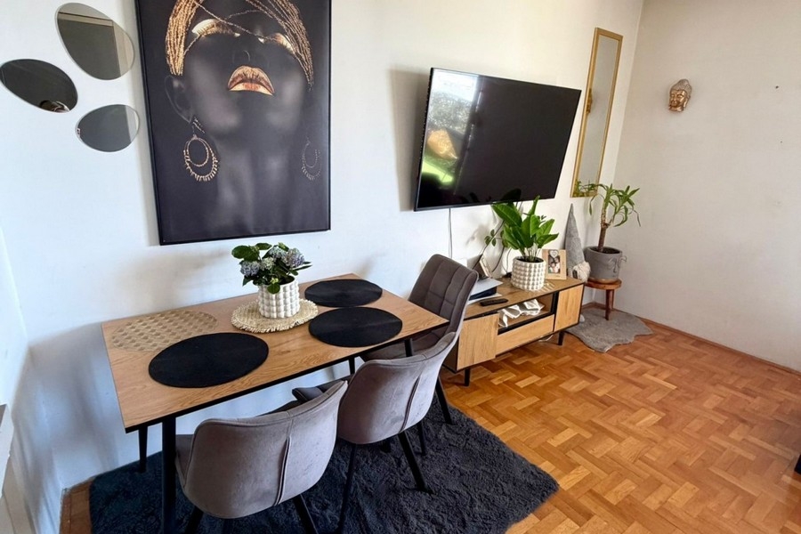 Wohnbereich mit Esstisch und Fernseher