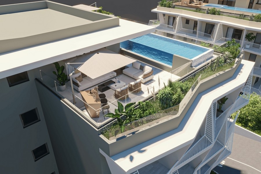 Moderne Dachterrasse mit Pool und Meerblick