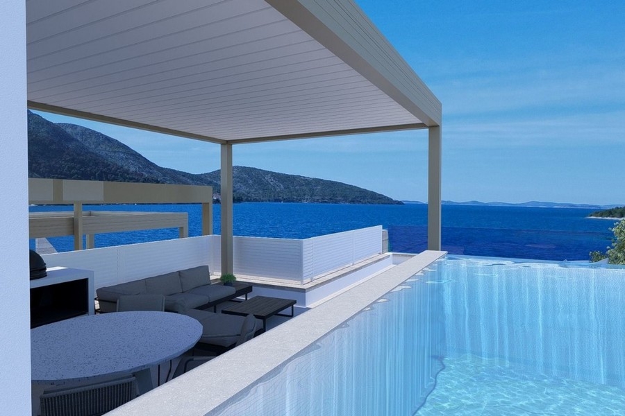 Überdachte Terrasse mit Pool und Meerblick in Primosten
