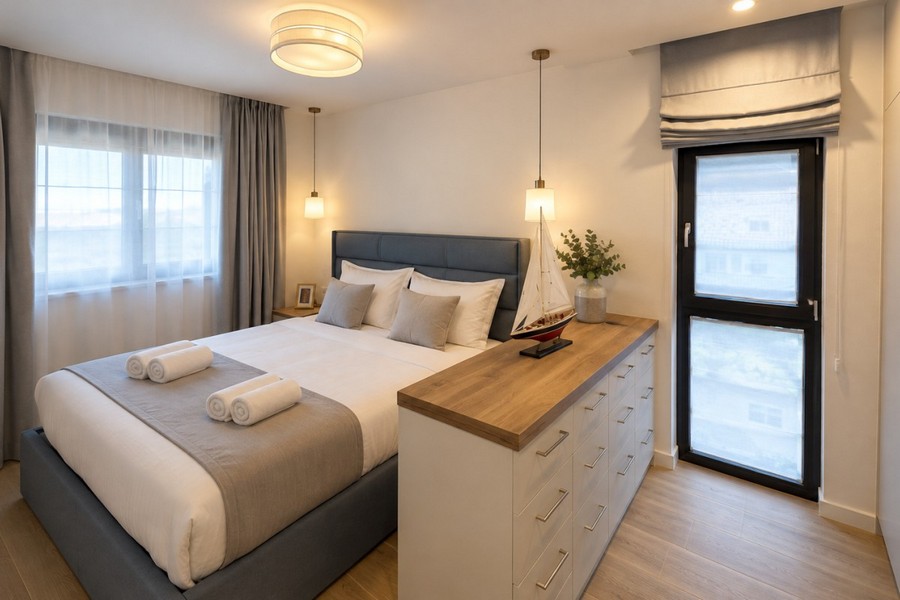 Schlafzimmer mit Kommode und Fenster