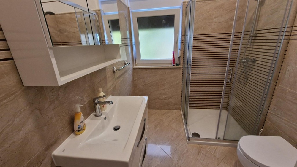 Badezimmer mit Waschtisch und Dusche der Wohnung in Njivice