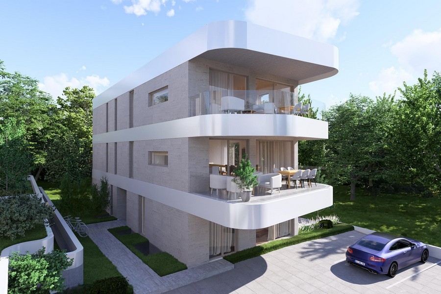 Penthouse in Krk, Ansicht des Neubaus mit überdachten Balkonen