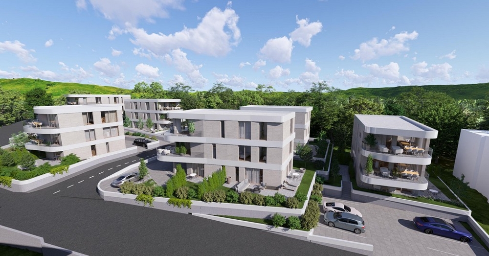 Neubauprojekt in Krk, Luftansicht der Wohnanlage im Grünen