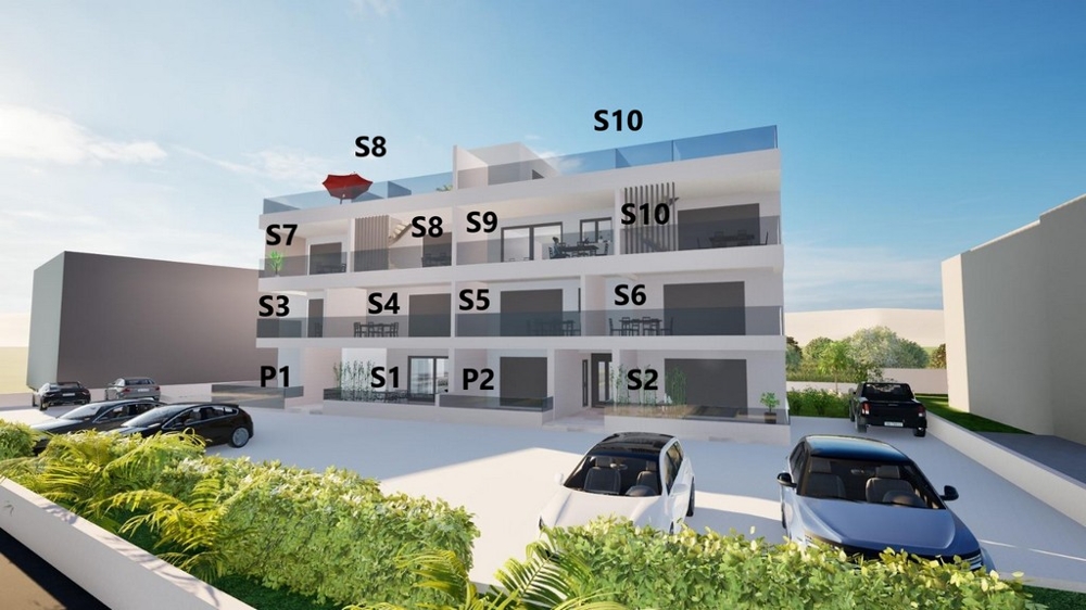 Ansicht des Gebäudes mit Lage der Wohnung S9 im zweiten Obergeschoss