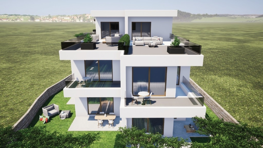 Neubau von vorne mit Dachterrassen in Tribunj