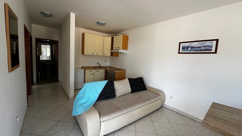 Wohnzimmer mit Küchenzeile und Sofa