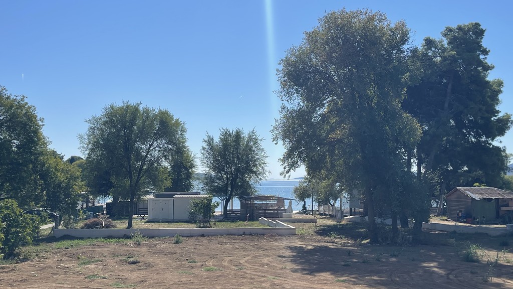 Blick vom Garten zwischen den Bäumen auf das Meer
