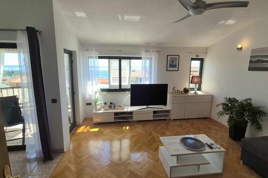 Wohnzimmer mit Fernseher und Deckenventilator
