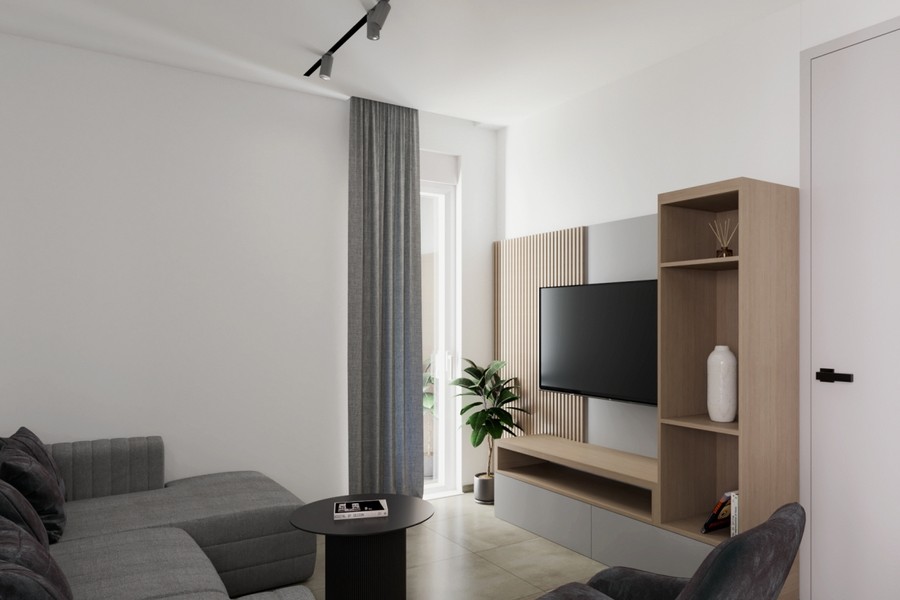Wohnzimmer mit TV-Wand und Regal aus Holz