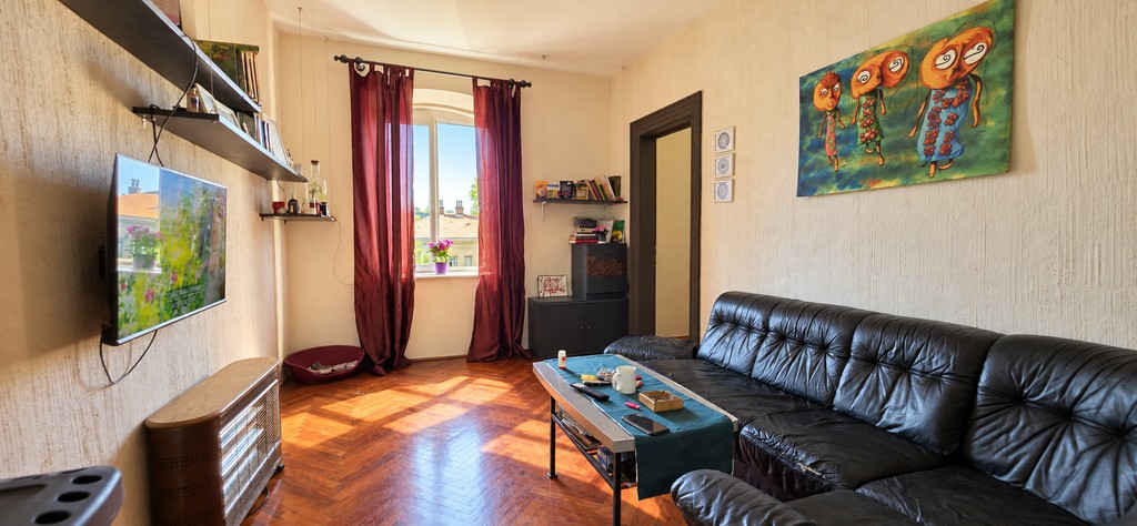 Wohnzimmer mit Ledersofa und Fernseher